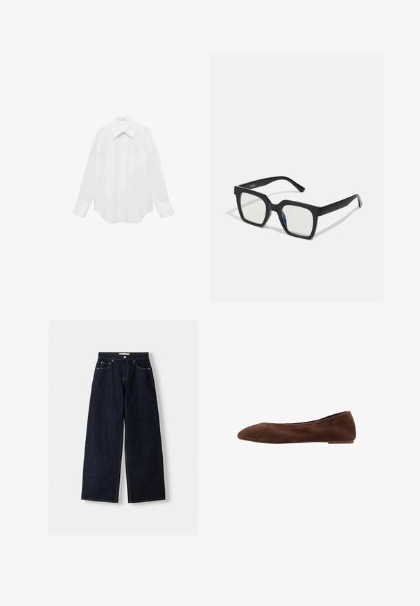 Witte longsleeve shirt van gladde stof, met een puntige kraag, een enkele borstzak en een ronde zoom voor een oversized pasvorm.; Donkerblauwe denim wijduitlopende jeans met een hoge taille, vijf zakken, contrasterende stiksels en zilveren metalen hardware. Gladde textuur en een nette afwerking.; Bruine suède ballerina's met een spitse neus, platte zool en een gladde textuur. Strak ontwerp zonder zichtbare hardware of accenten.; Zwarte vierkante zonnebril met een matte afwerking, voorzien van transparante lenzen en een lichte blauwe tint aan één kant. Stevig, hoekig ontwerp.; Bruine en crèmekleurige koeienhuid schoudertas met een gladde leren band, ritssluiting en een zachte, tekstuursurface met een natuurlijk patroon.