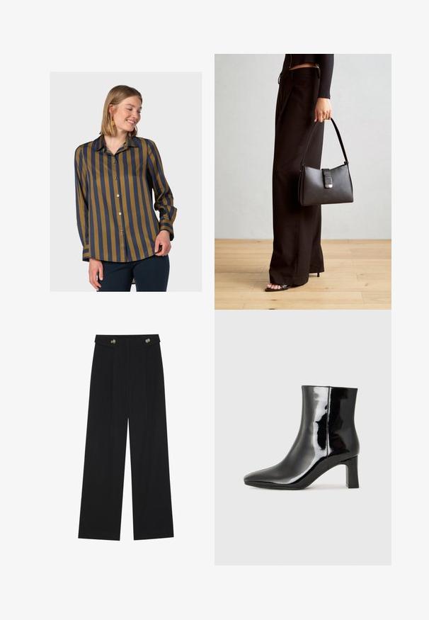 Nappipaita, jossa on pystysuorat laivaston siniset ja oliivinvihreät raidat, klassinen kaulus ja pitkät hihat nappikiinnityksellä. Sujuva kangastekstuuri.; Mustat leveälahkeiset housut, joissa on korkea vyötärö, napit vyötärönauhassa ja etupuolella laskokset.; Musta patenttilakattu nilkkuri, jossa on terävä kärki ja keskipitkä lohkarekorko. Silkkinen pinta ja minimalistinen muotoilu.; Musta käsilaukku, jossa on rakenteellinen muoto, sileä pinta ja metallinen solki. Yhdistetty leveisiin mustiin housuihin ja avonaiheisiin sandaaleihin puulattialla.