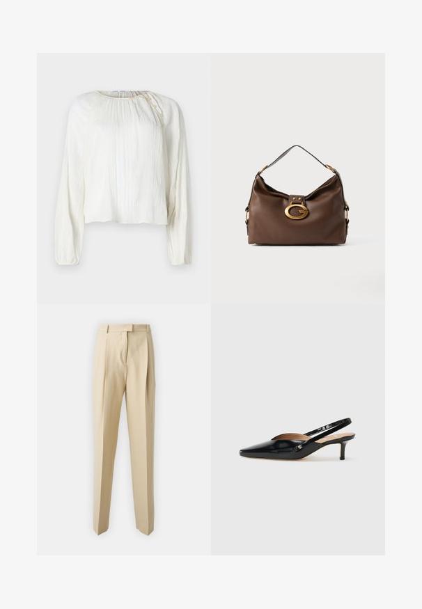 Lengvas, kreminės spalvos bluzonas su ilgomis rankovėmis, tekstūruotas audinys, apvalus kaklas ir sagų detalė ant peties.; Smėlio spalvos dailiai pritaikyti kelnių modeliai su tiesiu kirpimu, su raukšlėmis, liemens juosta ir lygiu paviršiumi. Nėra matomų kišenių ar puošmenų.; Juodas patentuotas odinis slingback batelis su smailiu nosimi, mažu kulniuku ir išpjovimais ant priekinės dalies. Auksinės spalvos detalės ant šono.; Ruda odinė rankinė su tekstūruotu paviršiumi, turinti auksinės spalvos užsegimą ir vieną išlenktą petį.
