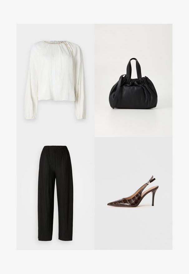 Kerge, kreemitarvega pluus pikade varrukatega, tekstuuriga kangast, ümar kaelus ja nööbid õlal.; Mustad voodri laiad püksid elastse vöökoha ja vertikaalsete volangidega, millel on sile tekstuur.; Pruun, krokodillikujutusega nahast slingback pump, millel on terav varvas, avatud küljed ja õhuke kõrge konts. Kujundatud kinnitusega. ; Mustmust mustkott mustrihmaga ülaosa disainiga, millel on kaks lühikest käepidet ja pikk reguleeritav rihm. Sile tekstuur, ümar kuju.