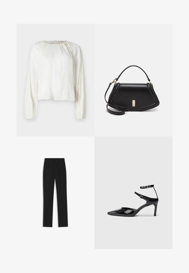 Blusa ligera de color crema con mangas largas, tejido texturizado, escote redondo y detalle de botones en el hombro.; Pantalones de traje negros con un diseño de pierna recta, que cuentan con bolsillos delanteros y una tela suave y texturizada. Detalles limpios y minimalistas.; Tacones de charol negros con puntera puntiaguda, correas ajustables en el tobillo y un tacón delgado. Textura suave con un acabado brillante.; Bolso de mano de cuero negro con un diseño estructurado, que presenta una forma recortada, asa superior y acentos en dorado. Correa de hombro ajustable incluida.