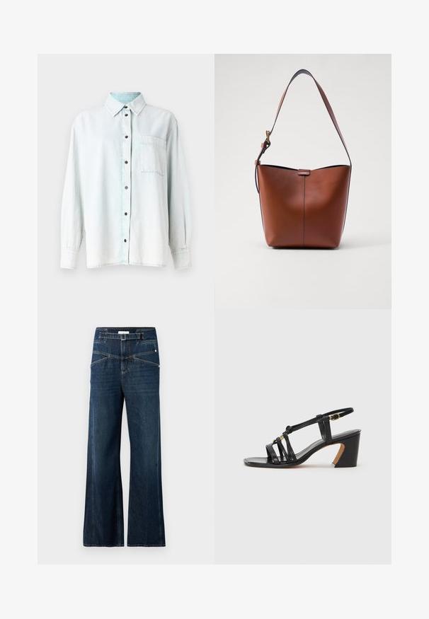 Light blue denim shirt with long sleeves, pointed collar, button front, single chest pocket, and brown buttons. Soft texture, slightly faded wash.; Wide-leg jeans made of dark blue denim, featuring a high waistband, two front pockets, and contrasting stitching detail.; Paul Smith AMIRA - Classic heels - black; Brown leather shoulder bag with a curved shape, smooth texture, and a single thin strap. Features a subtle seam and a small logo detail.
