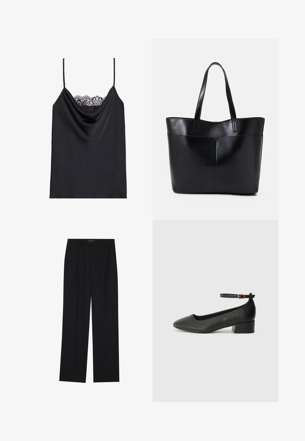 Svart camiset med justerbare stropper, draperte halslinje og intrikat svart blonderkant langs toppen. Glatt satinlignende stoff.; Sorte bukser med rette ben, som har to frontlommer og en talje. Laget av et glatt, lett stoff.; Sorte skinnpumper med spiss tå og lav blokkhelt. Har ankelrem med gullfarget spenne. Glatt tekstur.; Svart lær toteveske med to lange håndtak, en glatt tekstur og en strukturert form. Har en frontlomme for ekstra oppbevaring.