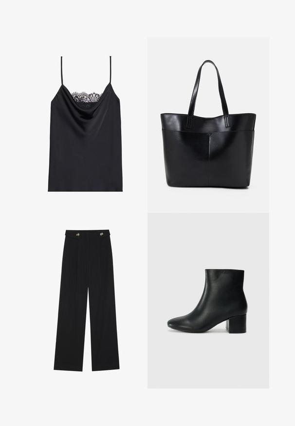 Svart camiset med justerbare stropper, draperte halslinje og intrikat svart blonderkant langs toppen. Glatt satinlignende stoff.; Svart vide bukser med høy midje, knappdetaljer på midjebåndet og frontplisser.; Sorte skinn ankelsko med spiss tå og chunky hæl. Glatt tekstur med minimale detaljer og et elegant, tettsittende design.; Svart lær toteveske med to lange håndtak, en glatt tekstur og en strukturert form. Har en frontlomme for ekstra oppbevaring.