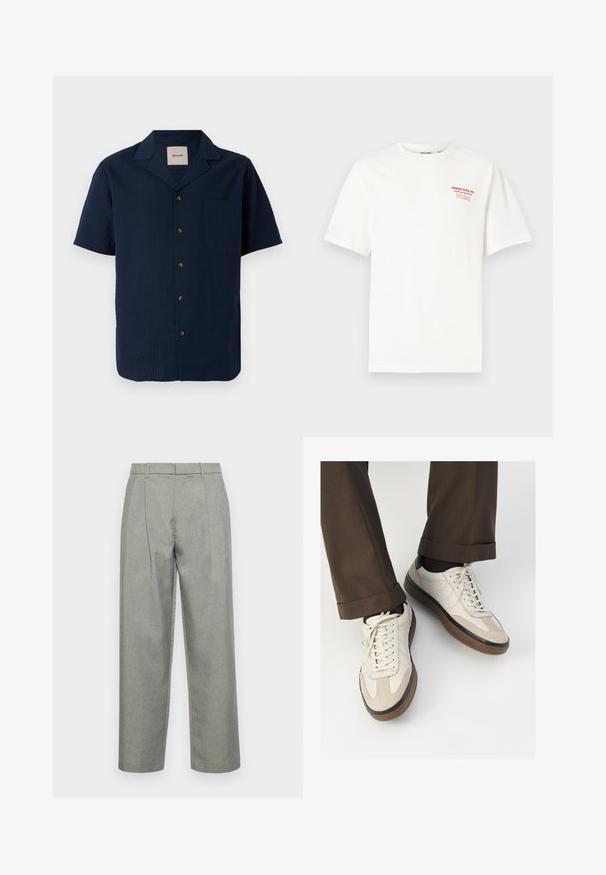 Mornarska košulja kratkih rukava s teksturiranim uzorkom, zatvaranjem na gumb i jednim džepom na prsima. Materijal izgleda lagano i prozračno.; Bijela pamučna majica s okruglim izrezom i kratkim rukavima, s crvenim tekstom na lijevoj strani prsnog dijela koji glasi "NORTH POLE CO. SANTA'S GROTTO."; Sive krojene hlače od teksturirane tkanine, s ravnim krojem, prednjim nabora i standardnim pojasom s petljama za remen.; Bež tenisice s teksturiranom nubuk prednjom stranom, glatkim kožnim bočnim stranama i smešnim gumenim potplatom. Uključene su vezice i lagani detalji šivanja.