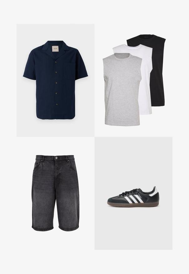 Tamsiai mėlyna trumpas rankovėmis marškiniai su tekstūruotu raštu, mygtukų uždarymu ir viena krūtinės kišenė. Medžiaga atrodo lengva ir pralaidi orui.; Trys beblauzdžiai marškiniai pilkos, baltos ir juodos spalvų. Minkšta medvilnės medžiaga, apvaliu iškirpimu ir laisvu siluetu. Paprastas dizainas, be raštų.; Juodos džinsinės šortai su laisvu kirpimu, penkių kišenių dizainu ir mygtuko uždarymu. Audinys turi lygų paviršių su subtiliu nusidėvėjimu.; Juodas sintetinis sportbačių viršus su baltomis trimis juostelėmis, tekstūruotas guminis padas ir juodi raišteliai. Žemo kirpimo sportinis stilius.