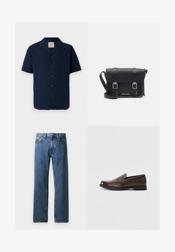 Námořnická košile s krátkým rukávem, s texturovaným vzorem, knoflíkovým zapínáním a jednou náprsní kapsou. Materiál vypadá lehký a prodyšný.; Modré džíny rovného střihu s vysokým pasem, zapínáním na knoflík a zip, předními kapsami a malou bílou značkovou etiketou na pravé kapse.; Hnědé kožené mokasíny s zaoblenou špičkou, dekorativním šitím a malým, plochým podpatkem. Hladká textura s decentními designovými prvky.; Černá kožená kabelka přes rameno s klopou, dvěma stříbrnými sponami, žlutým prošíváním a nastavitelným popruhem. Vyznačuje se hladkou texturou a kompaktním designem.