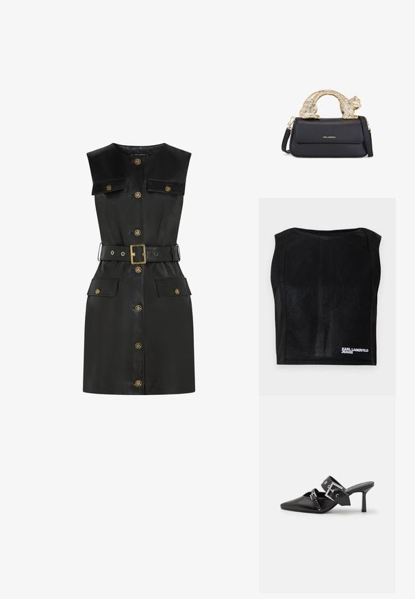 Fekete ujjatlan, rövid felső hajónyakú kivitelben, jobb alsó sarkában fehér "KARL LAGERFELD JEANS" logóval.; Fekete bőrruha, testhezálló fazonnal, arany gombos záródással, két elülső zsebbel és hozzá illő övvel. Galléros dekoltárral rendelkezik.; Fekete magassarkú mules, hegyes orral, sima bőrből készült. Széles bokapántja van, négyzet alakú ezüst csattal és szegecsekkel.; Fekete bőrtáska arany macska alakú fogantyúval, elülső fedéllel, állítható pánttal és logó részlettel az alsó részen.