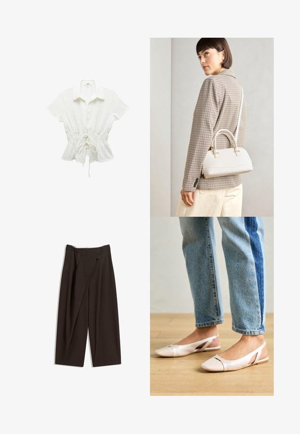 Witte blouse met korte mouwen en een kraag, koord in de taille, textuurstof en subtiele stippenpatronen. Knopen aan de voorkant.; Donkere bruin wijde broek met een hoge taille, voorzien van een enkele knoopsluiting en een geplooide voorkant. Gemaakt van lichtgewicht stof.; Zachtroze slingback ballerina's met een spitse neus, gemaakt van een glad leerachtig materiaal. Bevat uitsnijdingen aan de zijkanten en heeft een platte hak.; Witte gestructureerde handtas met korte handvatten en een schouderband, voorzien van gouden hardwareaccenten en een textuurmateriaal, tentoongesteld tegen een grijze achtergrond.