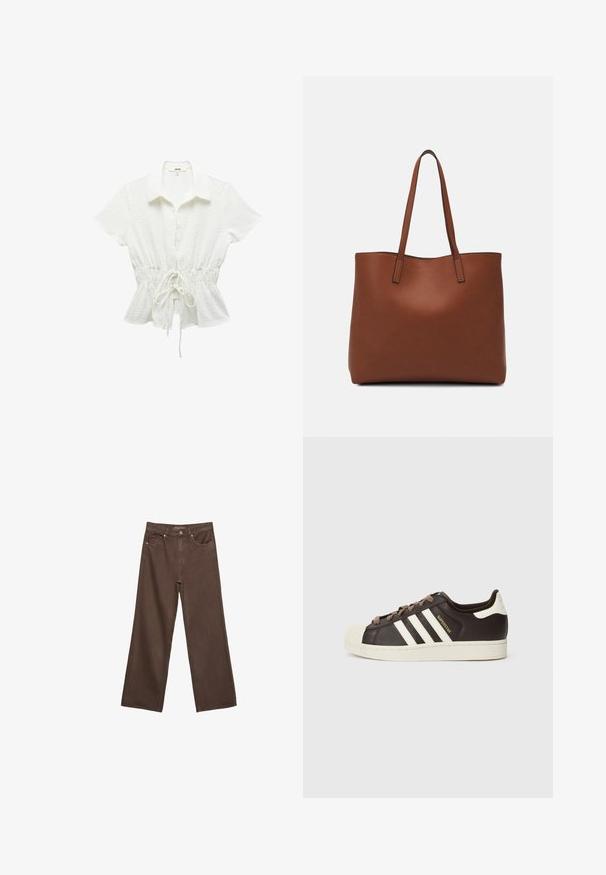 Weiße kurzärmlige Bluse mit Kragen, verstellbarem Taillenbund, strukturiertem Stoff und dezenten Punkte-Mustern. Knöpfe an der Vorderseite.; Weite braune Jeans aus Denim, mit hoher Taille, Fronttaschen und klassischem Knopfverschluss. Glatte Textur mit feinen Nähten.; Low-Top Adidas Superstar Sneaker aus dunkelbraunem Leder mit cremefarbener Schale an der Spitze, weißen Streifen und dem Schriftzug "Superstar" an der Seite.; Braune Leder-Tote mit glatter Textur, offenem Oberteil und zwei Schulterriemen. Verfügt über minimale Nähte und keine sichtbaren Beschläge.