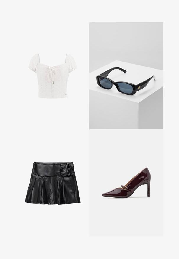 Top corto de algodón blanco con mangas abullonadas, detalles de ojales y un lazo delantero. Presenta un corsé ajustado y un acento decorativo con logo.; Falda de cuero negro con pliegues, cinturilla ancha y dos hebillas en el lateral. Textura suave con un acabado brillante.; Zapato de tacón alto burdeos con punta afilada, tira de tobillo con detalles en oro y un acabado liso y pulido. Tacón de aguja elevado.; Gafas de sol rectangulares negras con lentes azul tintados, montura gruesa y un acento circular dorado en el lateral. Acabado elegante y brillante.; Bolso burdeos de material sintético con un diseño estructurado, que cuenta con una correa desmontable y una bufanda con estampado floral atada al asa.