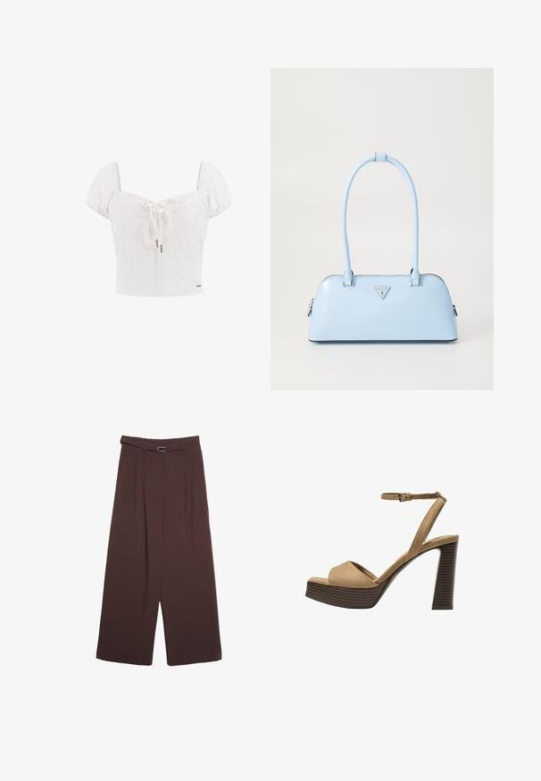 Vit bomullscrop top med puffärm, ögondetaljer och en framknutning. Har en figurnära bodice och en dekorativ logotypdetalj.; Stradivarius WIDE-LEG WITH BUCKLE DETAIL - Tygbyxor - dark brown; Beiga suède högklackade sandaler med ett brett framrem och ankelsrem, med en kraftig träblockklack med en strukturerad yta.; Ljusblå handväska med en strukturerad form, slät lädermaterial, två handtag och en triangulär logotyp framtill. Dragkedjestängning.