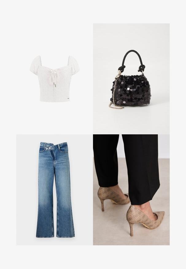 Fehér pamut crop top puffos ujjakkal, lyukacsos részletekkel és elől megkötő résszel. A fazonja testhez simuló, díszes logóval kiemelve.; Világoskék, harang szabású farmernadrág magas derékkal, két gombbal és elülső zsebekkel. Az anyag megjelenése kopott, apró eltérésekkel.; Beige magassarkú cipők texturált anyagból, ismétlődő mintával. Hegyes orrú kialakítás, hátsó díszítéssel és arany sarkú részlettel.; Fekete flitteres mini kézitáska csomózott textúrájú pánttal és ezüst lánccal. Lekerekített forma, ráncolt tetejével és fényvisszaverő részletekkel.