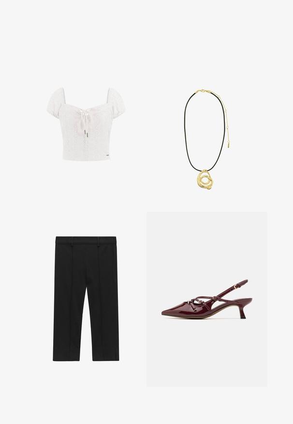 Haut de crop en coton blanc avec des manches bouffantes, des détails en œillets et un nœud à l'avant. Présente un corsage ajusté et un accent décoratif de logo.; STOCKH LM Studio KAYLA CAPRI - Short - black; Escarpin en cuir verni bordeaux avec nez pointu, petit talon, détails de bride décoratifs et finition brillante.; Pilgrim UNFOLD - Collier - gold