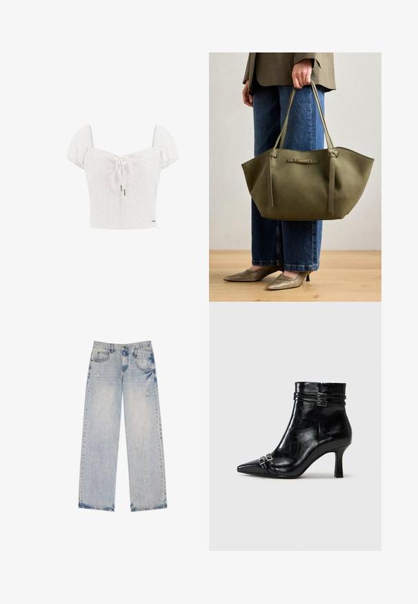 Haut de crop en coton blanc avec des manches bouffantes, des détails en œillets et un nœud à l'avant. Présente un corsage ajusté et un accent décoratif de logo.; Jean en denim bleu clair avec une coupe droite, présentant des accents distressed, cinq poches et des détails de couture visibles.; Tamaris Bottines compensées - black; Sac fourre-tout vert olive avec double poignées, texture lisse et un accent en métal. Forme arrondie avec des panneaux latéraux ; associé à un pantalon bleu.