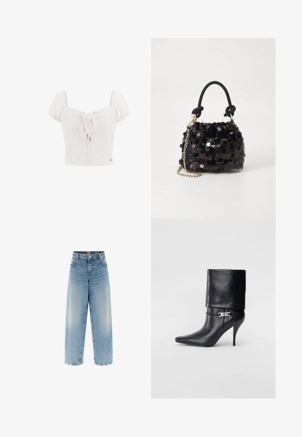 White cotton crop top with puff sleeves, eyelet detailing, and a front tie. Features a fitted bodice and a decorative logo accent.; Wide-leg blue denim jeans with a high waist, light wash, subtle fading, double-stitched seams, and a button closure at the front.; Black leather ankle boot with a pointed toe, high stiletto heel, fold-over cuff, and a gold decorative buckle detail on the ankle.; Black sequin mini handbag with a knotted textured strap and silver chain. Rounded shape with gathered top and reflective detailing.