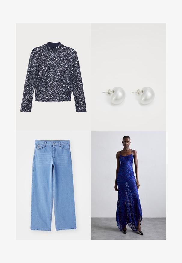 Blusa blu navy con maniche lunghe, colletto alto e zip posteriore. Presenta una superficie texturizzata con paillettes lucide disposte densamente.; Maglietta nera a maniche lunghe realizzata in tessuto morbido, con scollo rotondo e vestibilità ampia, dotata di spacchi laterali all'orlo per facilitare i movimenti.; Jeans a gamba larga di colore blu chiaro in denim, con un classico design a cinque tasche e chiusura con bottoni. Texture liscia, orlo sfilacciato.; Abito maxi con stampa animale blu e viola, con spalline sottili, corpetto aderente, orlo svasato e dettagli in overlay trasparente.; Orecchini in perla argentata con forma curva a fagiolo. Superficie liscia e lucida, fissati con chiusura a perno e retro.