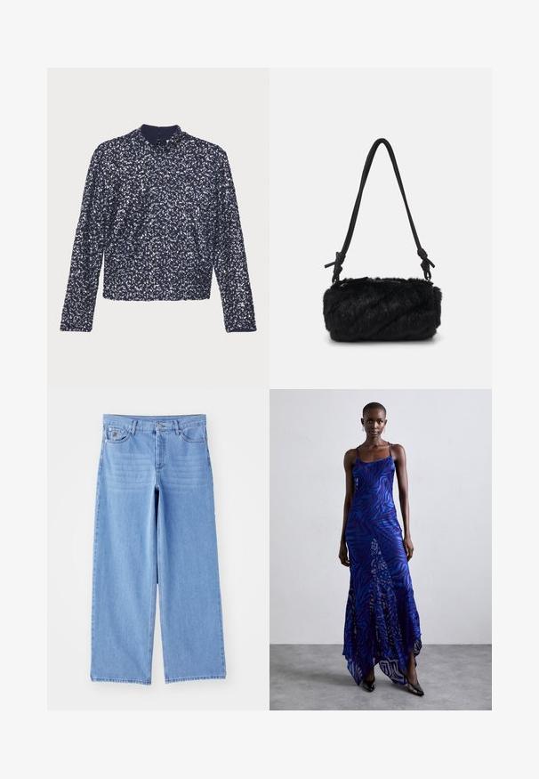 Marineblaue Paillettenbluse mit langen Ärmeln, hohem Kragen und einem Reißverschluss auf der Rückseite. Sie hat eine strukturierte Oberfläche mit dicht angeordneten, glänzenden Pailletten.; Hellblaue weit geschnittene Jeans aus Denim, mit einem klassischen Fünf-Taschen-Design und einem Knopfverschluss. Glatte Textur, ausgefranster Saum.; Maxikleid im blauen und lila Tiermuster mit dünnen Trägern, einem taillierten Oberteil, ausgestelltem Saum und transparenten Überlagerungen.; Schwarze Kunstfell-Handtasche mit einem strukturierten, flauschigen Körper. Sie verfügt über einen eleganten schwarzen Tragegurt mit geknoteten Akzenten. Kompakte, zylindrische Form.; Silberne Perlenohrringe in geschwungener Bohnenform. Glatte, glänzende Oberfläche und mit einem Stecker- und Rückverschluss gesichert.
