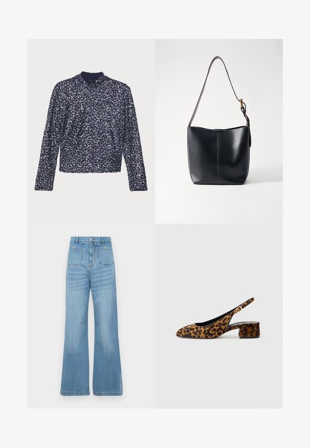 Marineblå pailletbluse med lange ærmer, høj krave og lynlås bagpå. Har en struktureret overflade med tæt arrangerede skinnende pailletter.; Lyseblå denim jeans med vid bendesign, der har to for- og to baglommer, afsluttet med rå kant og knaplukning.; Kvinders slingback sko i leopardmønster med lav blokhælh og guldspænde på siden, vist i sideprofil på ensfarvet baggrund.; Sort læder skuldertaske med en glat overflade, der har en tynd, lang rem og en subtil syet detalje ned langs midten.