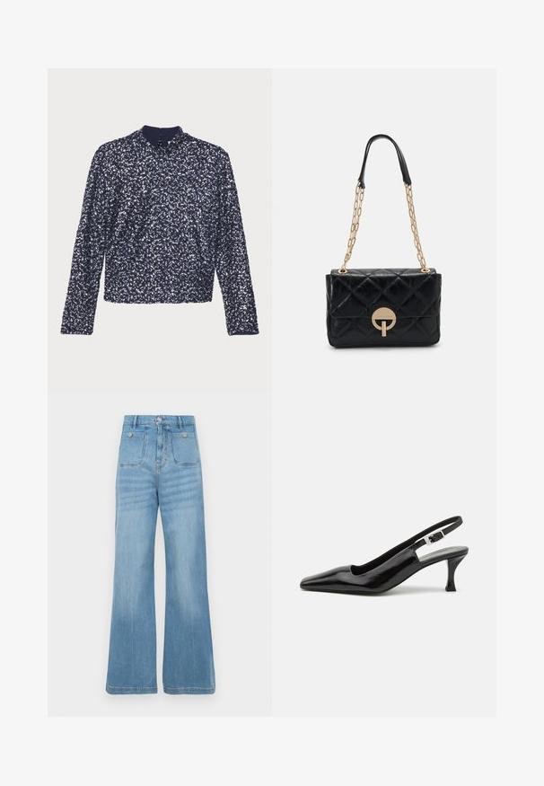 Navy sequin blouse with long sleeves, high collar, and a back zipper. Features a textured surface with densely arranged shiny sequins.; Light blue denim jeans with a wide-leg design, featuring two front pockets and two back pockets, finished with a raw hem and button closure.; Black patent slingback high-heel shoes with a pointed toe and a silver buckle detail at the heel, featuring a smooth, glossy finish.; Black quilted leather handbag with a gold chain strap, featuring a circular clasp detail. Compact rectangular shape with a smooth texture.
