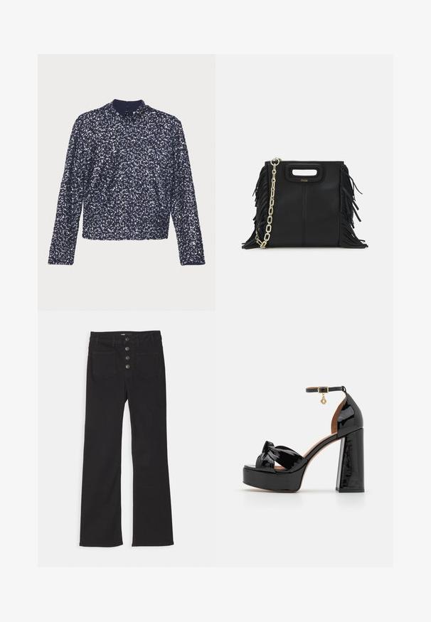 Bluză marină cu mărgele, cu mâneci lungi, guler înalt și fermoar la spate. Prezintă o suprafață texturată cu mărgele strălucitoare dispuse dens.; Jeans din denim negri cu talie înaltă, design cu cinci buzunare și închidere frontală cu patru butoane metalice.; Maje Sandale cu toc - noir; Geantă de mână din piele neagră cu detalii din franjuri, curea de umăr din lanț auriu și un mâner cu tăietură. Prezintă plasarea logo-ului pe față.