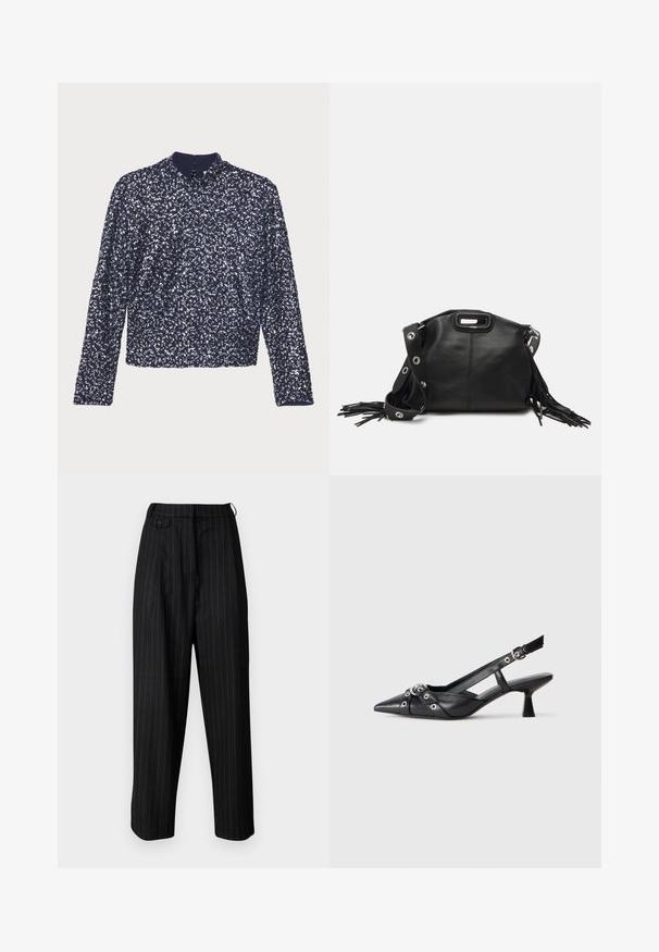 Námořnická malovaná blůza s dlouhými rukávy, vysokým límcem a zipem na zadní straně. Má texturovaný povrch s hustě uspořádanými lesklými flitry.; Černé kalhoty s vysokým pasem a bílými pruhy, zdobené puky, s knoflíkovým zapínáním a volným střihem. Vyrobené z hladkého materiálu.; Černé kožené slingback boty s špičatou špičkou, dekorativními pásky s kovovými očky a nízkým blokovým podpatkem. Texturovaný povrch.; Maje MISS MINI - Taška s příčným popruhem - noir
