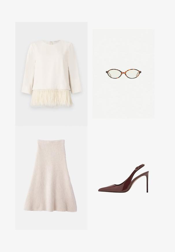 Dolga majica v kremni barvi z mehkim, teksturiranim umetnim krznom na robu. Okrogla izrezana ovratnica s hrbtnim zadrgo. Gladka tkanina nad in puhast rob spodaj.; Svetlo bež A-linijsko krilo iz mehkega, teksturiranega blaga, z gladkim pasom in tokom silhuete.; Temno rjava paten usnjena visoka peta s koničastim nosom in nastavljivim zaponko ter tankim stiletto petam.; Kornjačaste očala z ovalnimi lečami in gladko, sijočo površino. Imajo tanke stranice z rahlim ovinkom na templjih. Prosojne leče.
