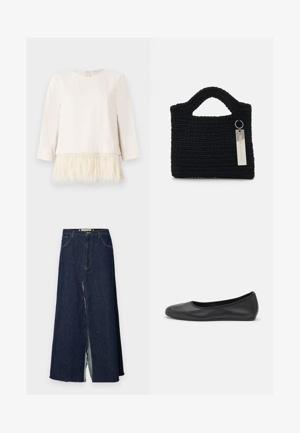 Langärmliges Oberteil in Creme mit einem weichen, strukturierten Kunstfellsaum. Runder Ausschnitt mit einem Reißverschluss im Rücken. Glatte Stoffoberfläche oben und flauschiger Saum darunter.; Dunkelblaue Jeans-Lange mit einem vorderen Schlitz. Sie verfügt über ein traditionelles Fünf-Taschen-Design und sichtbare Nähte. Der Saum ist ausgefranst.; Schwarze Leder-Ballettschuhe mit abgerundeter Spitze, glatter Textur, minimalen Nähdetails und einem flexiblen Sohlen-Design.; Won Hundred MARSIELLE COMPUTER BAG UNISEX - Notebooktasche - black
