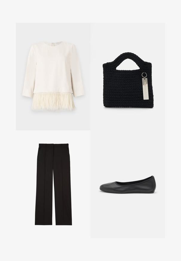Long-sleeve top in cream with a soft, textured faux fur hem. Round neckline with a back zipper closure. Smooth fabric above and fluffy trim below.; Black tailored trousers made of a smooth fabric, featuring a straight-leg design, and two side pockets. Elegant and minimalistic construction.; Black leather ballet flat with a rounded toe, smooth texture, minimal stitching detail, and a flexible sole design.; Won Hundred MARSIELLE COMPUTER BAG UNISEX - Laptop bag - black