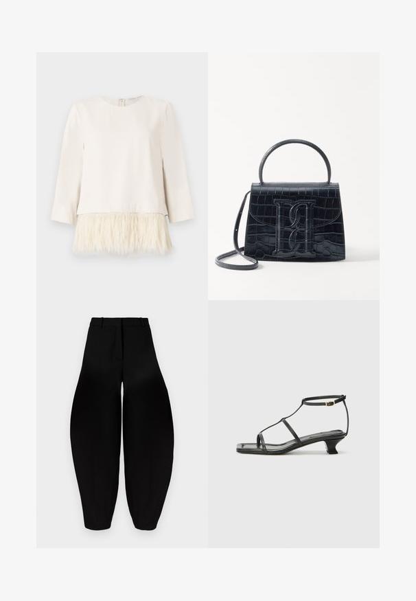 Bluză cu mâneci lungi în crem, cu un tiv de blană artificială moale și texturată. Decolteu rotund cu închidere cu fermoar la spate. Material neted deasupra și margine pufoasă dedesubt.; Pantaloni negri cu croi larg, talie înaltă, cu pliuri în față și glezne conice. Realizați dintr-un material neted cu un finisaj mat.; Sandelă din piele neagră cu vârf pătrat, curele subțiri, curea ajustabilă la gleznă și toc mic. Prezintă un mic accent auriu pe curea.; Geantă din piele cu model de crocodil negru, cu un design structurat, mână superioară, curea ajustabilă și un detaliu proeminent cu logo pe față.