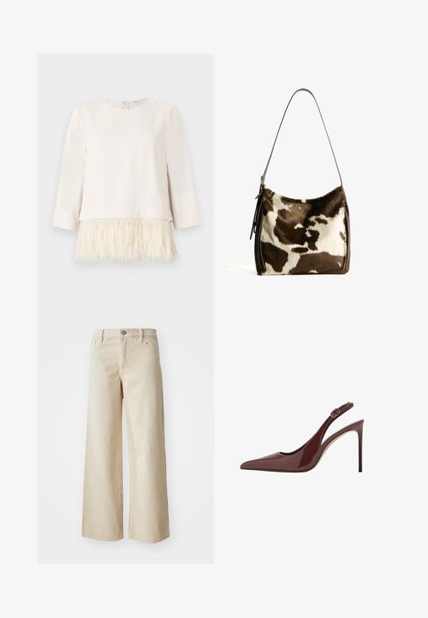 Dolga majica v kremni barvi z mehkim, teksturiranim umetnim krznom na robu. Okrogla izrezana ovratnica s hrbtnim zadrgo. Gladka tkanina nad in puhast rob spodaj.; Bež džins hlače širokih nogavica iz denima, z visokim pasom, zapenjanjem na gumb, zankami za pas in stranskimi žepi. Gladka tekstura in sproščen kroj.; Temno rjava paten usnjena visoka peta s koničastim nosom in nastavljivim zaponko ter tankim stiletto petam.; Rjav in krem torba iz kravjega usnja s gladkim usnjenim trakom, z zadrgo in mehko, strukturo površino, ki prikazuje naravni vzorec.