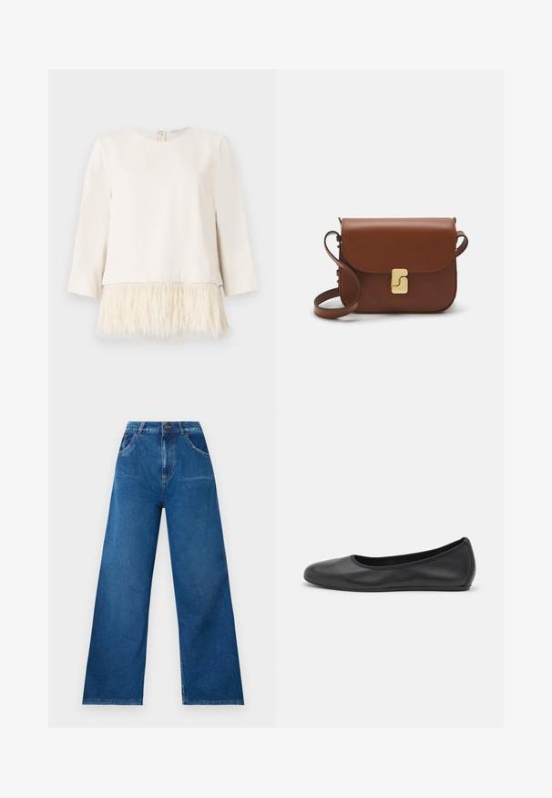Long-sleeve top in cream with a soft, textured faux fur hem. Round neckline with a back zipper closure. Smooth fabric above and fluffy trim below.; Wide-leg jeans in dark blue denim with a high waist, featuring front and back pockets, and contrast stitching details.; Black leather ballet flat with a rounded toe, smooth texture, minimal stitching detail, and a flexible sole design.; Brown leather handbag with a flap closure, gold-tone hardware, a shoulder strap, and a smooth texture. Compact rectangular shape.