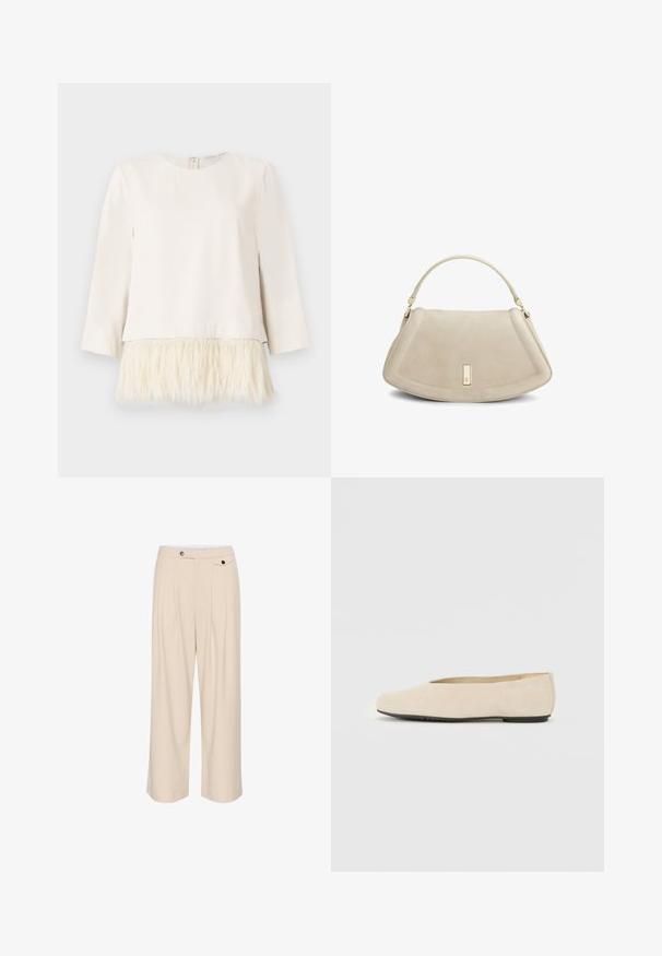 Maglietta a maniche lunghe color crema con orlo in morbido e testurizzato pelliccia sintetica. Collo rotondo con chiusura a cerniera sul retro. Tessuto liscio sopra e trim soffice al di sotto.; Pantaloni beige a gamba larga con davanti piatto, due tasche laterali, chiusura con bottone e dettagli plissettati per un tocco di texture e design.; Ballerine in suede beige con punta arrotondata, suola piatta e design minimalista. Texture liscia senza hardware o decorazioni visibili.; Borsa a tracolla beige in suede con forma curva, manico singolo, dettagli in hardware dorato e cuciture sottili lungo i bordi.