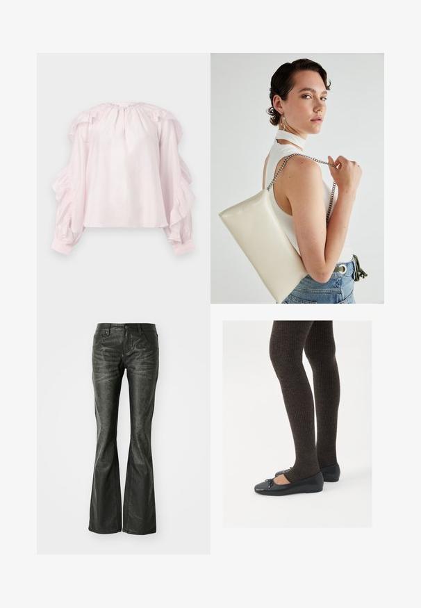 Rózsaszín blúz fodros ujjal és ráncolt nyakkivágással. Könnyű anyagból készült, rugalmas mandzsettákkal és laza szabással.; Fekete műbőr, bővülő szárú farmernadrág elülső zsebekkel, fémből készült gombos záródással és enyhén textúrázott felülettel. Egyenes szárú, hosszú fazon.; Fekete lapos cipők kis masni díszítéssel az orrán, sötétbarna bordázott harisnyával párosítva. A cipők sima textúrával és alacsony profilúak.; Fehér, téglalap alakú, fényes anyagból készült clutch táska, ezüst láncos pánttal. A modell pózol, bemutatva a táskát egy egyszínű háttér előtt.