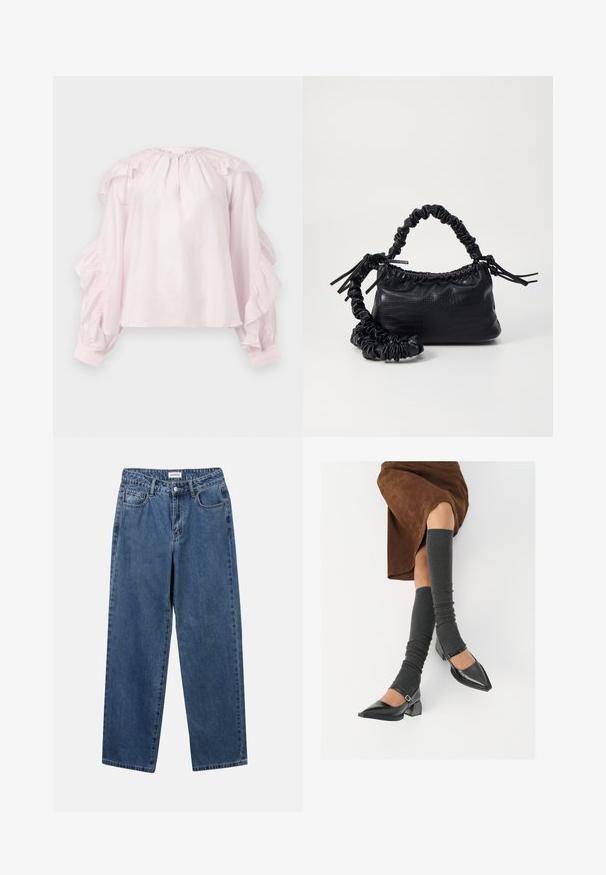 Rosa bluse med volanger på ermene og innsamlet hals. Laget av lett materiale, har den elastiske mansjetter og en avslappet passform.; Klassiske blå denimjeans med rett ben-design, fem lommer og knappelukking. Har en middels vask og solid tekstur.; Sorte lakkpumps med spiss tå, blokkhel, og ankelstropp, kombinert med grå ribbestrikkede beinvarmere og et brunt semsket skinn skjørt.; Svart faux skinn-håndveske med krokodilletekstur, strammet topp og en rynket stropp. Ser myk og kompakt ut i designen.