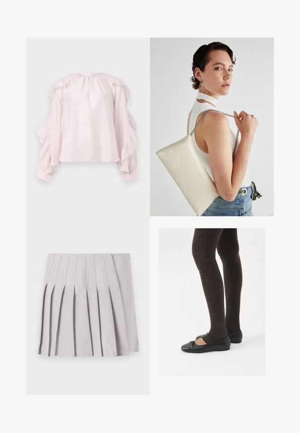 Ružová blúzka s volánovými rukávmi a nariaseným výstrihom. Vyrobená z ľahkej látky, má elastické manžety a voľný strih.; Sivá plisovaná sukňa s hladkým povrchom, s viacerými vertikálnymi skladmi a priliehavým pásom. Vyrobená z ľahkého materiálu.; Čierne ploché topánky s malou mašľou na špičke, v kombinácii s tmavohnedými rebrovanými pančuchami. Topánky majú hladký povrch a nízky profil.; Biely obdĺžnikový kabelka z lesklého materiálu s strieborným reťazovým popruhom. Model predvádza kabelku na jednotnom pozadí.