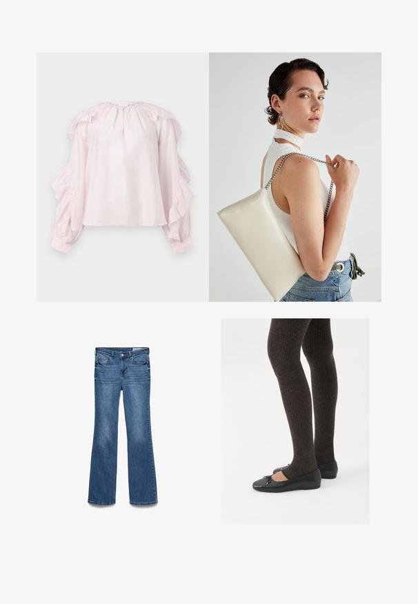 Ružová blúzka s volánovými rukávmi a nariaseným výstrihom. Vyrobená z ľahkej látky, má elastické manžety a voľný strih.; Modré denimové zvonové džínsy so stredne vysokým pásom, dvoma prednými vreckami a prešitým pásom. Mäkka textúra a tradičný dizajn s piatimi vreckami.; Čierne ploché topánky s malou mašľou na špičke, v kombinácii s tmavohnedými rebrovanými pančuchami. Topánky majú hladký povrch a nízky profil.; Biely obdĺžnikový kabelka z lesklého materiálu s strieborným reťazovým popruhom. Model predvádza kabelku na jednotnom pozadí.