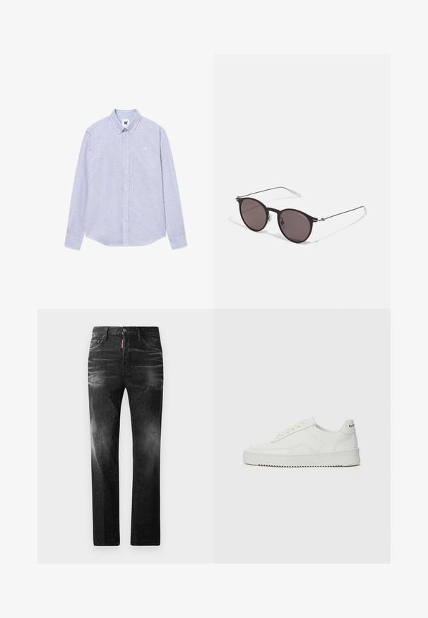 Modrá a bílá pruhovaná košile s dlouhým rukávem, s límečkem na knoflíky, kapsou na prsu a logem na levé straně. Bavlněná tkanina.; Černé džíny z denimu se rovnými nohavicemi. Obsahují vybledlé oblasti, drobné poškození, klasický pětikapsový design a zapínání na knoflík.; Bílé kožené tenisky s hladkým povrchem, kulatou špičkou, plochými tkaničkami a texturovanou podrážkou. Na patě se nachází nenápadné logo.; Černé kulaté sluneční brýle s tmavými skly a tenkými kovovými nohami. Obsahují průhledné koncovky nožiček a stříbrné akcenty na pantu. Minimalistický design.