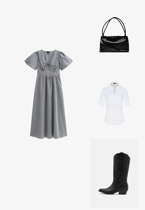 Chemise blanche à boutons avec un col et des manches courtes. Tissu lisse avec une coupe ajustée et un léger contour au niveau de la taille.; Robe vichy noir et blanc avec des manches bouffantes courtes, un décolleté large, une taille froncée et une jupe mi-longue. Présente un nœud au centre.; Botte de cowboy en cuir noir avec un bout pointu, un talon bas empilé et un motif de feuilles embossé complexe sur la tige. Boucle en haut pour un enfilage facile.; Sac en cuir noir avec une texture lisse, de forme rectangulaire et deux longues poignées. Design simple sans matériel ou embellissements visibles.