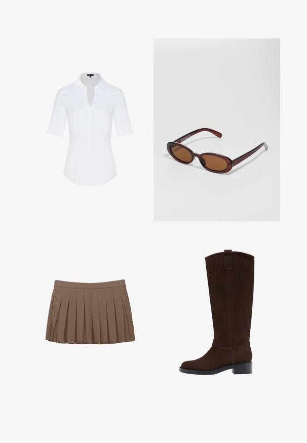 Weißes Hemd mit Kragen und kurzen Ärmeln. Glatter Stoff mit einem taillierten Schnitt und subtiler Konturierung an der Taille.; Brauner gefalteter Minirock mit einem Taillenbund und subtilen Seitenlogo-Details auf einem weißen Hintergrund.; Braune Wildleder-Stiefel bis zum Knie mit runder Fußspitze, dezenten Nähten und einem niedrigen Blockabsatz; verfügen über eine Zuglasche oben für einfaches Anziehen.; Runde, braun getönte Sonnenbrillen mit einem glänzenden burgunderfarbenen Rahmen. Schlanke Bügel mit dezentem Branding. Flaches Linsendesign.; Braune, geflochtene Lederhandtasche mit einer lässigen, dreieckigen Form. Verfügt über einen geflochtenen Griff und einen Reißverschluss an der Oberseite.