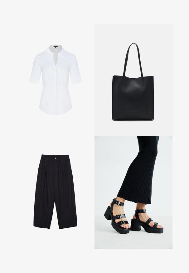 White button-up shirt with a collared neckline and short sleeves. Smooth fabric with a tailored fit and subtle contouring at the waist.; Black polyester culotte pants with an elastic waistband, two front pleats, and a loose silhouette. No visible patterns or hardware details.; Black platform sandals with chunky, lug soles and multiple straps, featuring metal buckles and a smooth leather-like texture.; Black leather tote bag with smooth texture, rectangular shape, and two long handles. No visible hardware or embellishments.
