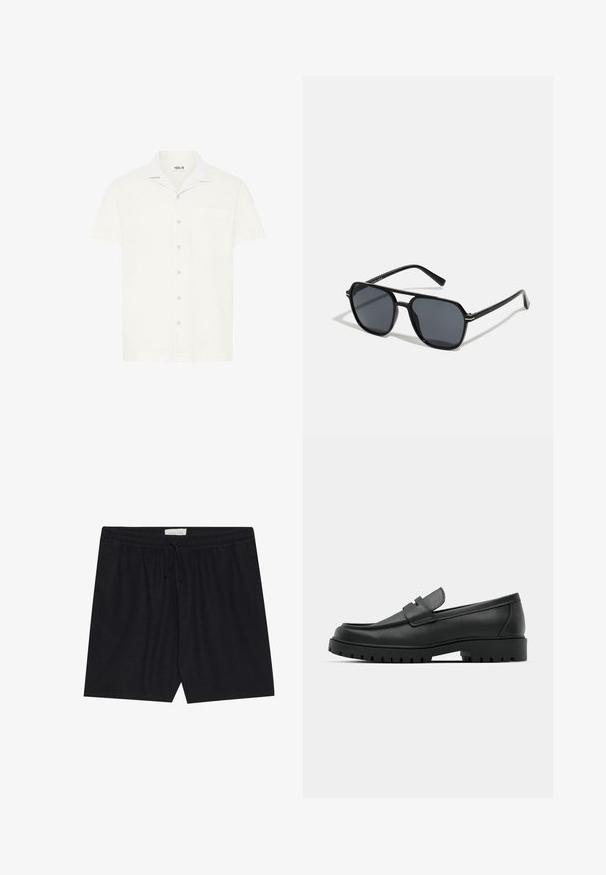 Kurzärmliges, kragenloses weißes Hemd mit Tasche, ausgestattet mit kontrastierendem Kragen-Detail und einer subtilen Textur, das vorne mit Knöpfen verschlossen wird.; Schwarze, elastische Shorts mit Kordelzug, die eine glatte Textur und einen geraden Schnitt aufweisen, geeignet für die Freizeit.; Schwarze Lederloafer mit runder Zehenform, ausgestattet mit einem gesteppten Design, niedrigem Plattformsohle und einer strukturierten, genoppten Gummisohle.; Schwarze Sonnenbrille mit achteckigem Rahmen, dunklen Gläsern, glänzender Oberfläche, dünnen Bügeln und goldenen Akzenten auf der Vorderseite.