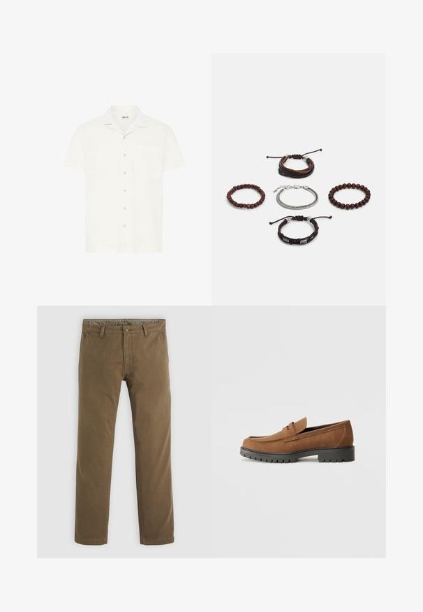 Bijela košulja kratkih rukava s kragnom i džepom, s kontrastnim detaljima na kragni i suptilnom teksturom, pričvršćena gumbima sprijeda.; Khačane pamučne hlače ravnog kroja, s zatvaranjem na dugme, dva prednja džepa i glatkom teksturom.; Smeđi nubuk loafers s zaobljenim prstima i niskim crnim gumeni potplat, s dekorativnim remenom i detaljima šivanja na gornjem dijelu.; Set od pet narukvica sastavljenih od smeđeg kože, drvenih perli i srebrnog lanca; različite teksture i oblici, s prilagodljivim zatvaranjem.