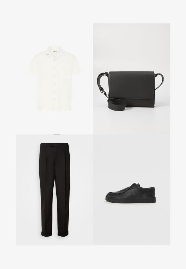 Cămașă albă cu mâneci scurte și guler, având un buzunar, detalii de contrast la guler și o textură subtilă, fixată cu nasturi pe partea din față.; Pantaloni negri cu o textură netedă, având un croi drept, două buzunare frontale și un singur sistem de închidere cu un nasture la talie.; Pantofii din piele neagră, fără șireturi, cu vârful rotund, detalii cusute și talpă din cauciuc negru. Textură netedă cu un design minimalist.; Geantă de umăr din piele neagră, cu un finisaj texturat, formă rectangulară, închidere cu clapetă, curea ajustabilă și detaliu logo subtil.