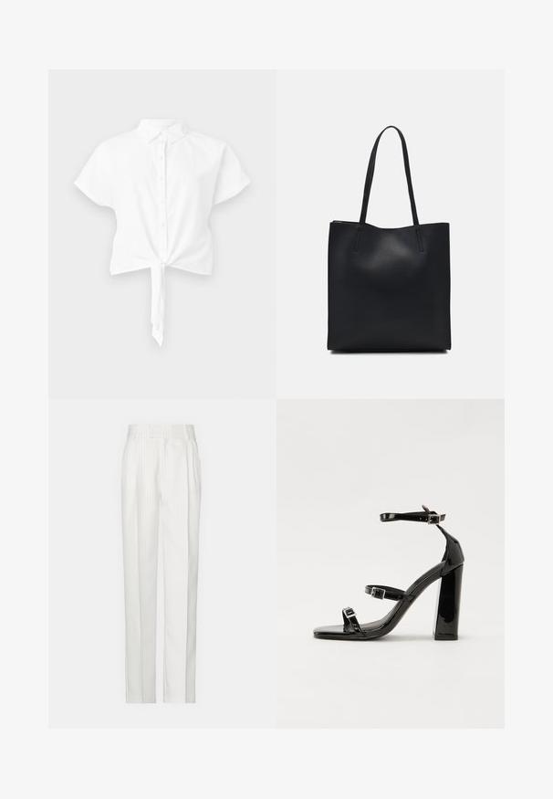 White cotton cropped shirt with short sleeves, featuring a button-down front and a tie closure at the hem. Smooth texture, classic collar.; White pinstriped trousers with a straight leg design, made from a lightweight fabric. Features pleats at the front and a traditional waistband.; Black patent heeled sandals with a square toe, ankle straps, and silver buckles. Features a chunky block heel for stability.; Black leather tote bag with smooth texture, rectangular shape, and two long handles. No visible hardware or embellishments.