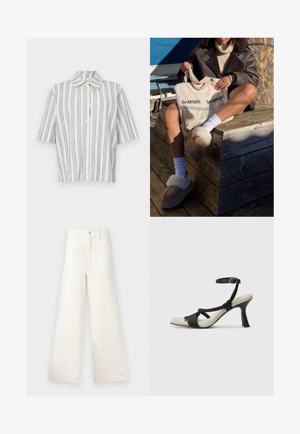 Short-sleeve button-up shirt featuring a cream base with navy vertical stripes. Made of lightweight fabric with a standard collar and relaxed fit.; Wide-leg trousers in light beige cotton. Features a high waist, front pockets, and a straight cut. Clean hem finishing without patterns.; Black heeled sandal with braided strap design, square toe, and adjustable ankle strap. Light beige footbed with a glossy black heel.; Beige tote bag with "SAMSOE" printed twice, tan slippers with white fur trim, white socks, and a brown shearling coat on a wooden surface.
