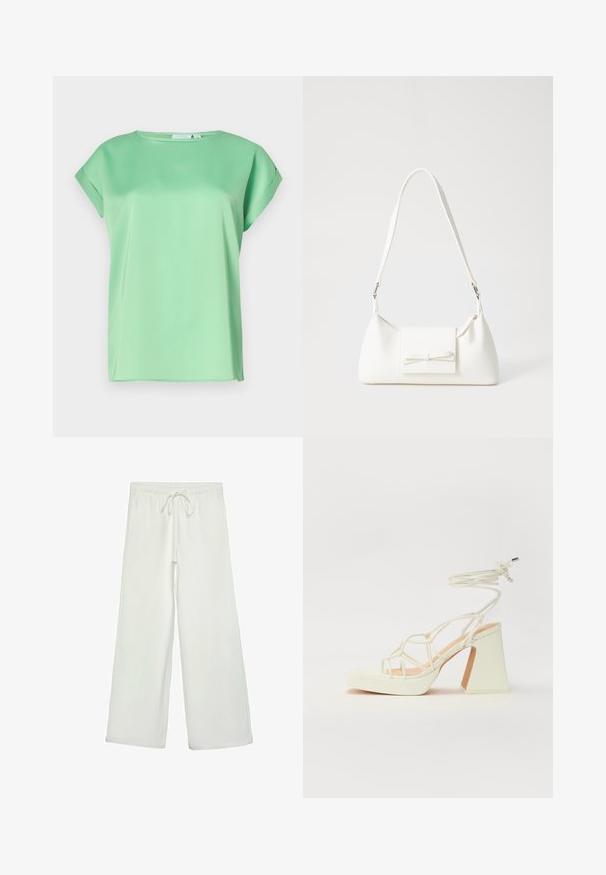 Mátově zelená blůza s krátkým rukávem a kulatým výstřihem, vyrobená z hladkého, lehkého materiálu. Má volný střih a jemné boční rozparky.; Bílé kalhoty s širokými nohavicemi vyrobené z měkké tkaniny. Mají elastický pas se stahovací šňůrkou a hladkou strukturu. Žádné viditelné vzory ani kovové prvky.; Bílé sandály na vysokém podpatku s robustním podpatkem, s designem s pásky a zavazováním kolem kotníku. Hladký povrch s platformou vpředu pro zvýšení výšky.; Bílá syntetická kabelka v trojúhelníkovém tvaru, s plochým předním klopným víkem a detailem mašle, nastavitelným popruhem, hladkým povrchem a minimalistickým designem.