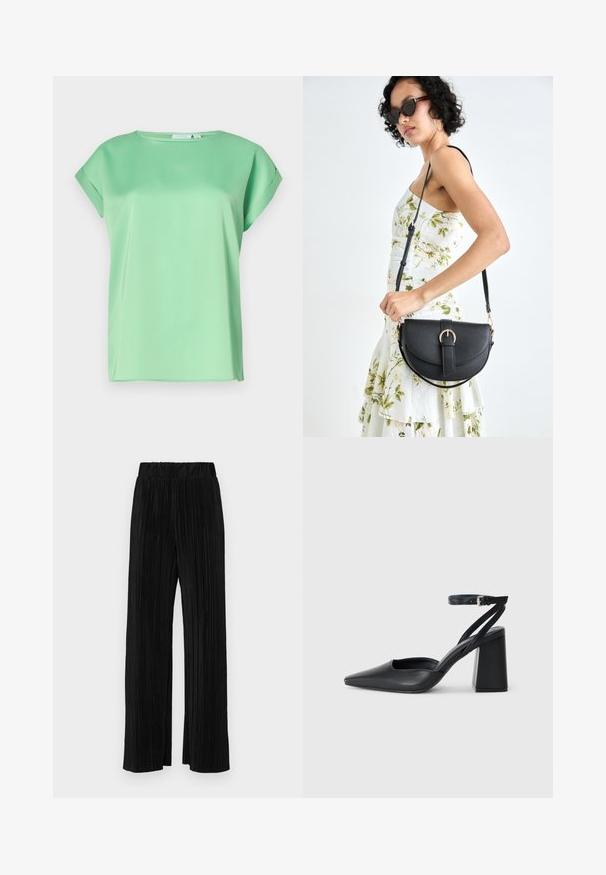 Mintgrön kortärmad blus med rund halsringning och ett mjukt, lätt tyg. Har en lös passform och subtila sidofickor.; Svarta plisserade byxor med resårmidja. Har vida ben och ett mjukt, texturerat material med vertikala ränder.; Svart läderpumps med spetsig tå, ankelrem och kraftig klack. Slät textur, stilren design och minimalistisk estetik.; Svart läderhandväska med en böjd form, avtagbar rem och guldiga detaljer. Väskan har ett lock med en spänndetalj.