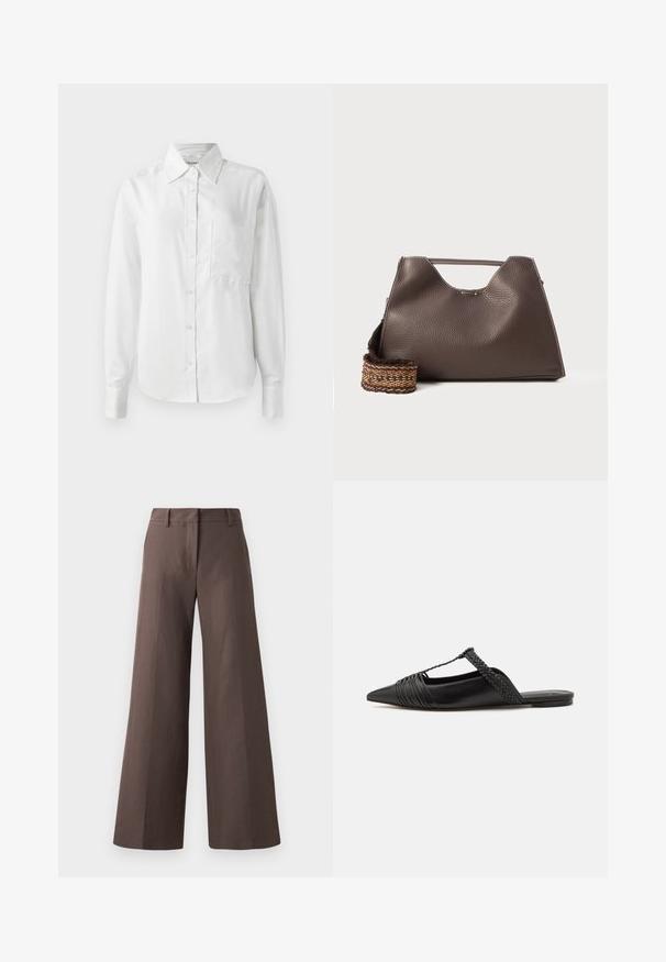 Chemise blanche à manches longues, en tissu lisse, dotée d'un col pointu, d'une poche avant et de poignets boutonnés pour un look ajusté.; Pantalons amples marron en tissu lisse ; dotés d'un devant plat, de passants de ceinture et de coutures verticales le long des jambes.; Chaussure en cuir noir à talon ouvert avec un bout pointu, présentant un accent tressé et un design supérieur plissé. Semelle plate avec un matériel minimal.; Sac à main en cuir marron avec une finition texturée, un design angulaire et une poignée supérieure distinctive. Présente un détail de sangle tissée à motif.