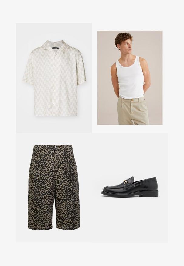 Cămașă cu mânecă scurtă, cu un model geometric în crem și bej, dintr-un material ușor, guler în formă de evantai și cinci nasturi pe față.; Top din bumbac alb, fără mâneci, cu decolteu rotund și bretele late, asortat cu pantaloni bej deschis, cu un nasture și pliu.; Pantaloni şort din denim cu imprimeu leopard în tonuri pământii, având închidere cu nasture, cinci buzunare și o croială lejeră.; Loaferi din piele neagră cu vârf rotunjit, dotati cu accente aurii și detalii de cusătură, așezați pe o talpă joasă din cauciuc texturat.